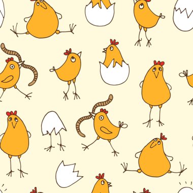 Küçük civcivlerin bebek kalıpları, pürüzsüz arka plan, tatlı horoz, yumurta ve solucanlar.