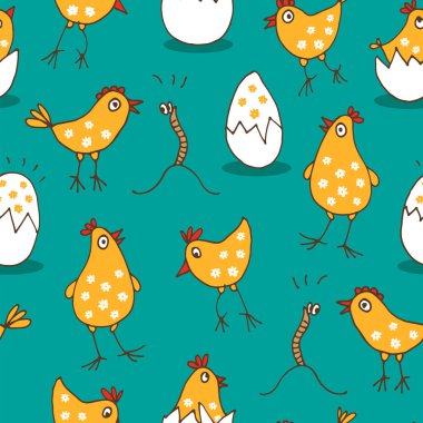 Küçük civcivlerin bebek kalıpları, pürüzsüz arka plan, tatlı horoz, yumurta ve solucanlar.