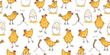 Küçük civcivlerin bebek kalıpları, pürüzsüz arka plan, tatlı horoz, yumurta ve solucanlar.