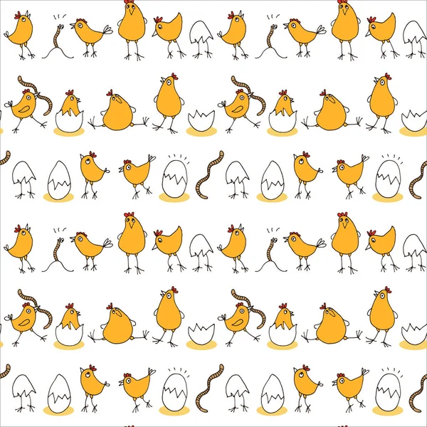 Маленькие Цыплята Детские Рисунки Бесшовный Фон Милым Мультяшным Петухом Яйца — стоковый вектор