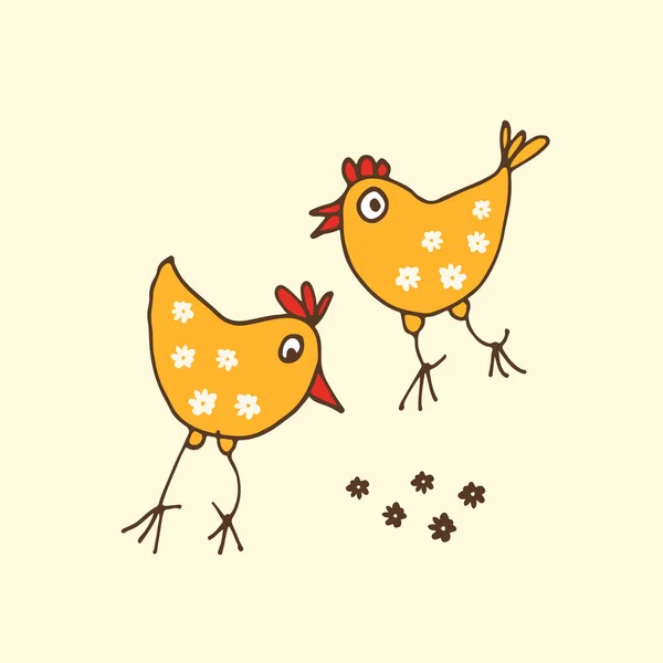 Zwei Kleine Hühner Lustige Cartoon Küken Auf Gelbem Hintergrund Vektor — Stockvektor