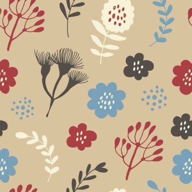 Çiçekler ve dallar pürüzsüz desen, çiçek, yaprak ve dallarla el çizimi vektör arkaplanı