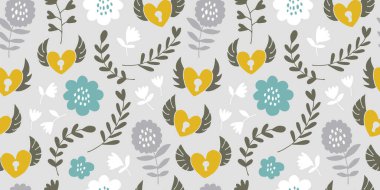 Uçan kalpler pürüzsüz desen, el çizimi kalpler, kilitler, çiçekler, yapraklar, polka noktaları aşk arkaplanı