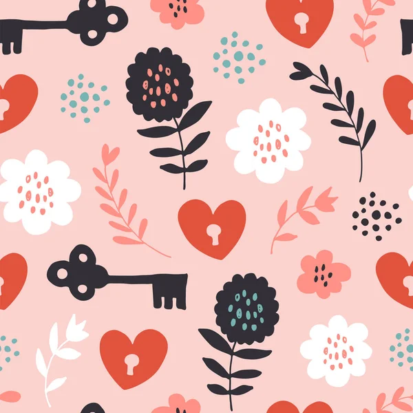 Flying Hearts Keys Seamless Pattern Hand Drawn Hearts Keys Flowers — Stock Vector