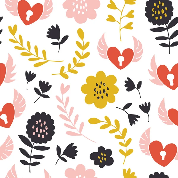 Fliegende Herzen Nahtloses Muster Handgezeichnete Herzen Schlösser Blumen Blätter Tupfen — Stockvektor
