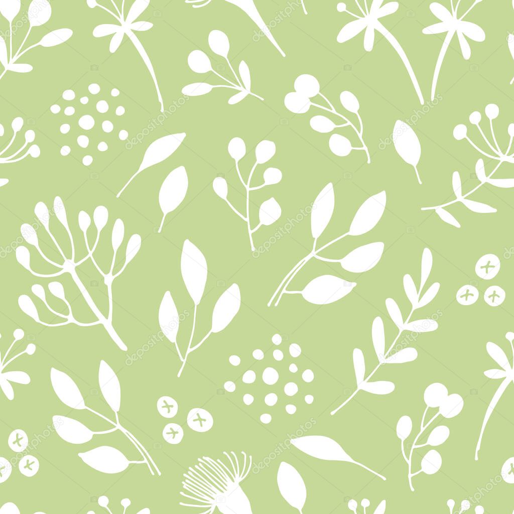 Flowers and branches seamless pattern, hand drawn vector floral background