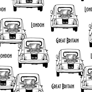 Eski arabalar pürüzsüz şablon, beyaz arkaplan üzerine el çizimi retro otomobiller metin