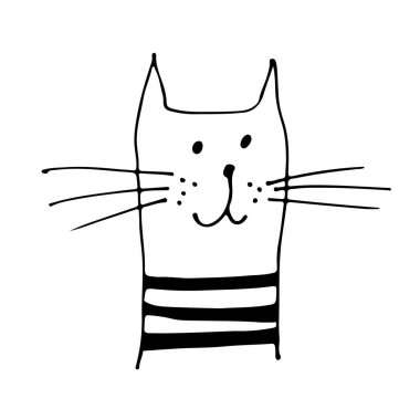 Kedi yüz vektör çizimi, el çizimi çizimi beyaz arka planda izole edilmiş çizgili kedi.