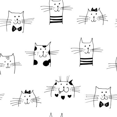 Kedi vektörsüz desen ile karşı karşıya, el çizimi kediler beyaz arka planda izole edilmiş.