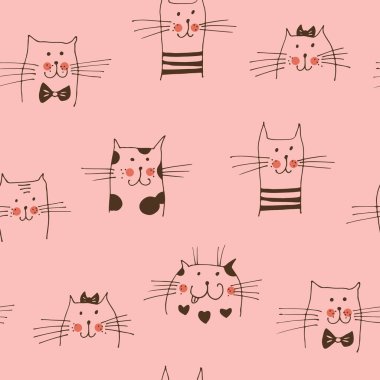 Kedi, vektörsüz desenli, elle çizilmiş kedilere bakar.