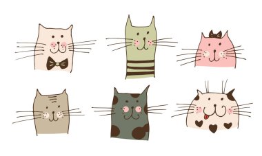 Kedi vektör illüstrasyonuyla karşı karşıya, el çizimi kedi koleksiyonu beyaz arkaplanda izole