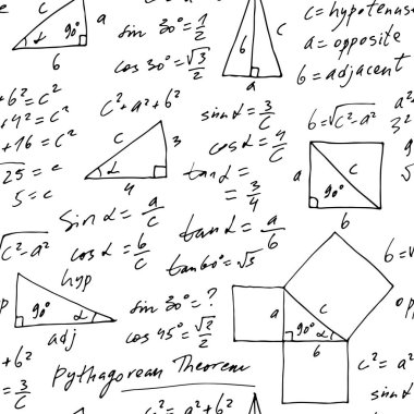 El yazısıyla yazılmış trigonometrik şablon, elle çizilmiş tek renkli matematik formülleri beyaz zemin, matematiksel, geometrik, bilimsel, eğitim zemininde izole edilmiş.