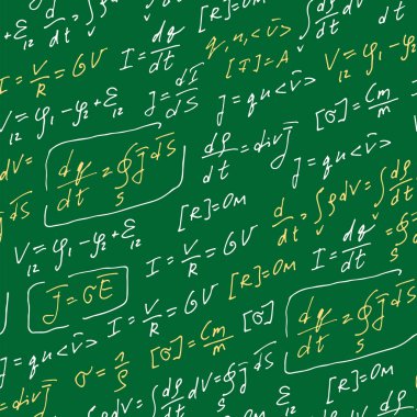 Fizik formülleri el yazısı vektör şablonu, soyut kusursuz arkaplan, el çizimi denklemler yeşil tahta arka plan, bilimsel, eğitim arkaplanı