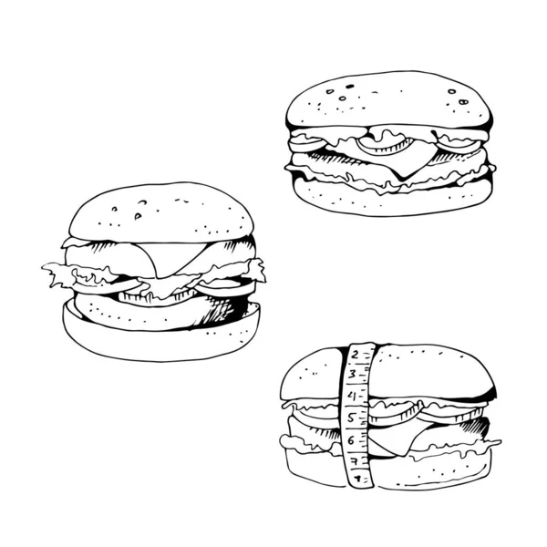 Burger Vector Bosquejo Conjunto Ilustración Alimentos Aislados Sobre Fondo Blanco — Archivo Imágenes Vectoriales