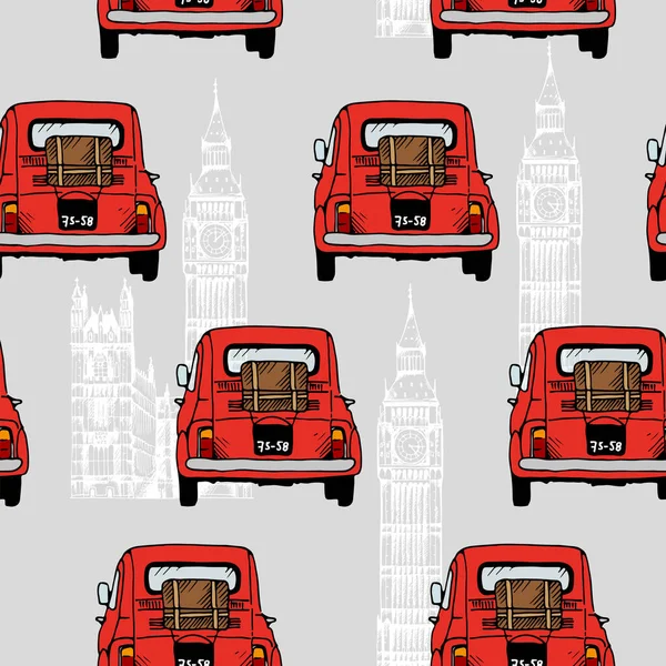 Red Old Car Vector Seamless Pattern Hand Drawn Retro Automobile — Stock Vector