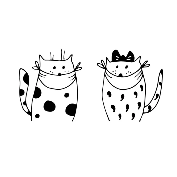 Dvě Kočky Obličejových Maskách Vektorové Ilustrace Izolované Bílém Pozadí — Stockový vektor