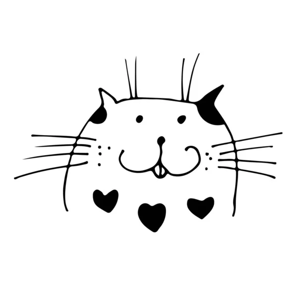 Kedi Yüzlü Vektör Illüstrasyonu Siyah Kalpli Çizimi Kedi Beyaz Arka — Stok Vektör
