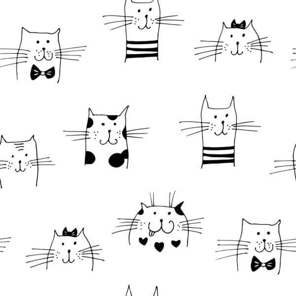Katzengesichter Vektor Nahtloses Muster Handgezeichnete Katzen Isoliert Auf Weißem Hintergrund — Stockvektor