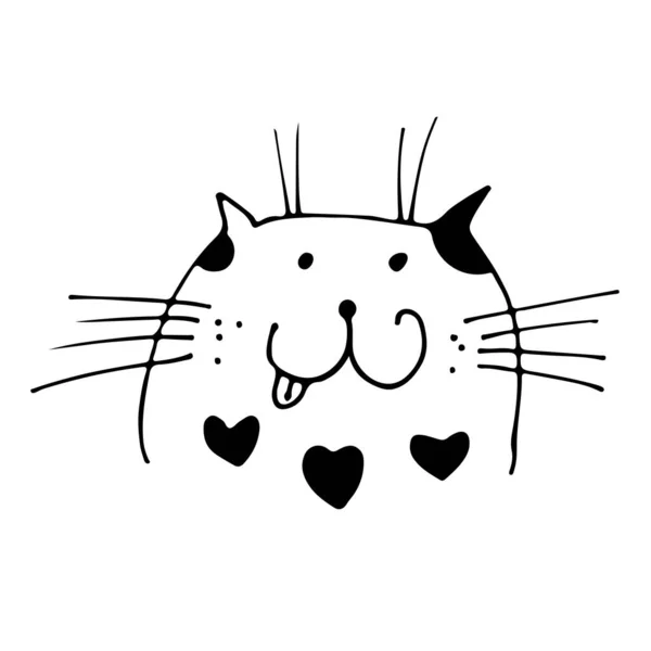 猫脸矢量图解 手绘有黑心斑点的素描猫 在白色背景下伸出舌头 — 图库矢量图片