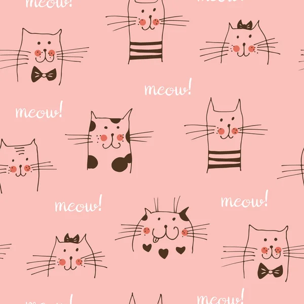 Kattengezichten Vector Naadloos Patroon Met Hand Getekende Katten Met Tekst — Stockvector