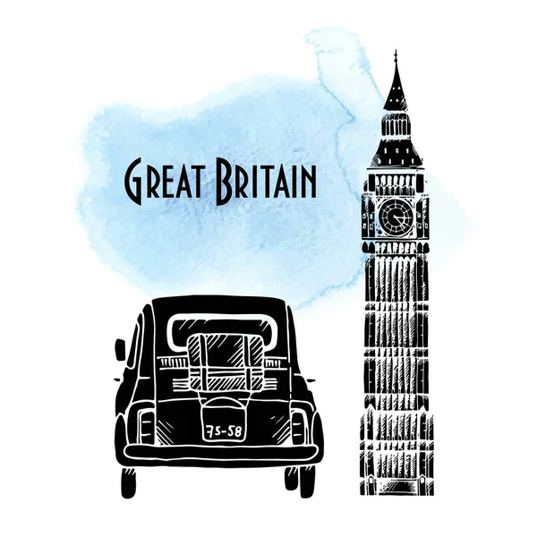 Rotes Altes Auto Und Elizabeth Tower London Vektor Illustration Handgezeichnetes — Stockvektor