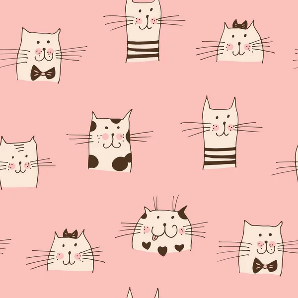 猫脸矢量无缝图案 手绘猫脸在粉红背景上孤立 — 图库矢量图片