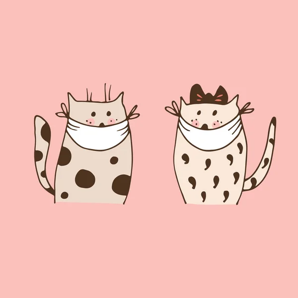 Dvě Kočky Obličejových Maskách Vektorové Ilustrace Izolované Růžovém Pozadí — Stockový vektor