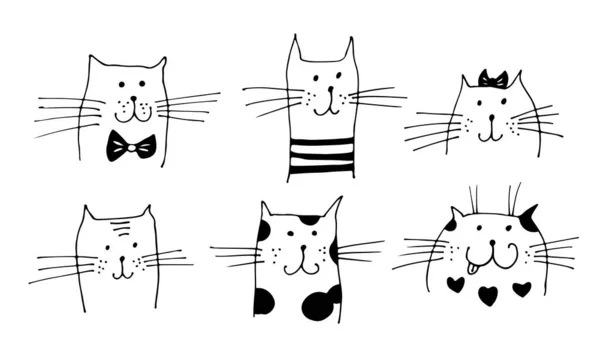 猫顔ベクトルイラスト 白地に孤立した手描き猫コレクション — ストックベクタ