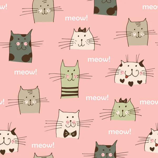 Cat Čelí Vektor Bezešvé Vzor Ručně Kreslené Kočky Textem Mňau — Stockový vektor