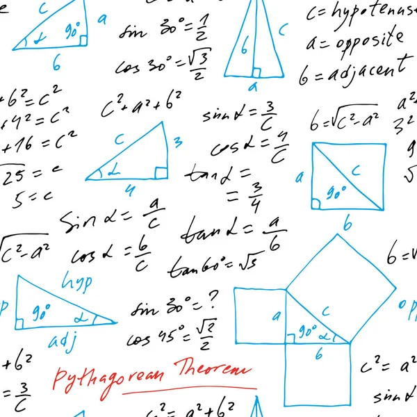 手書き三角ベクトルシームレスパターン 白地に孤立手描きモノクロ数式 幾何学 教育背景 — ストックベクタ