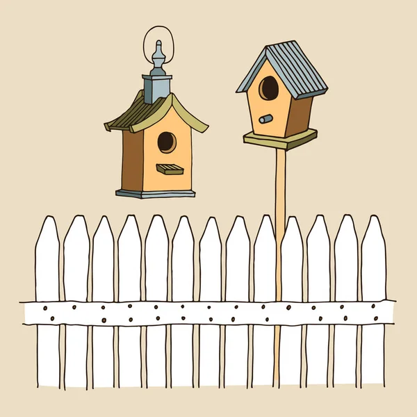 Fence Birds Feeders Vector Illustration Hand Drawn Illustration Isolated White — Stock Vector