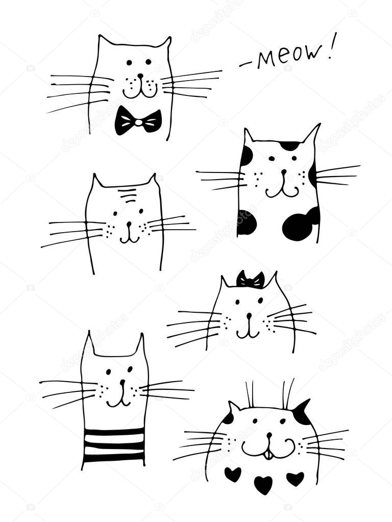 Cat faces vector illustration, cats collection with text Meow isolated on white background