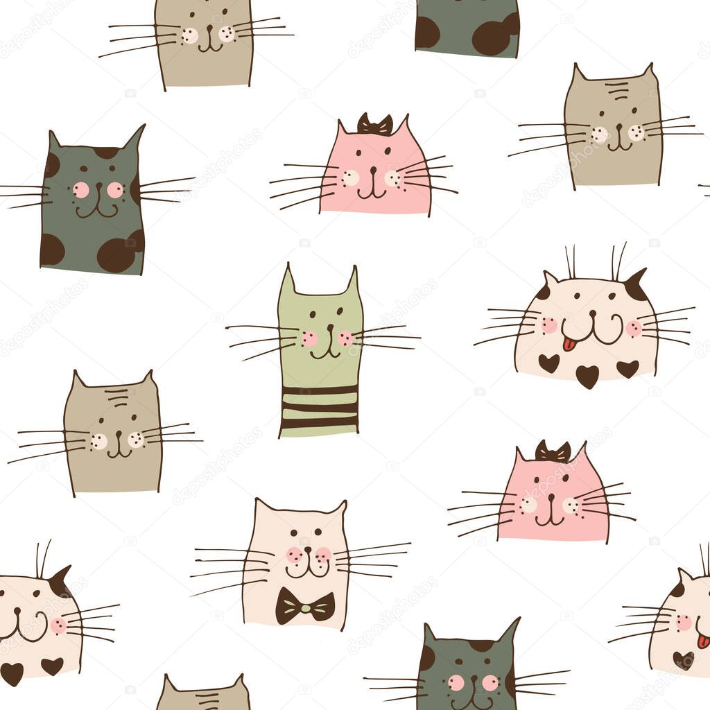 Cat faces vector seamless pattern; hand drawn cats isolated on white background