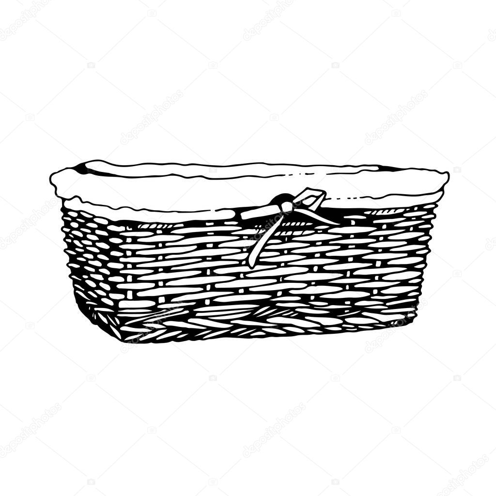 Wicker basket vector sketch, hand drawn square basket isolated on white background