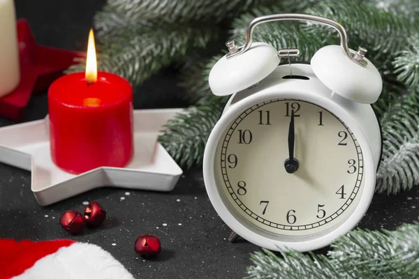 Christmas Card Alarm Clock Traditional Holiday Decorations — Stock Photo, Image