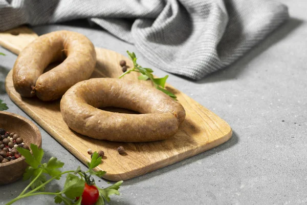 Sausage Spices Parsley Wooden Board Gray Kitchen Background Top View — Stock Photo, Image