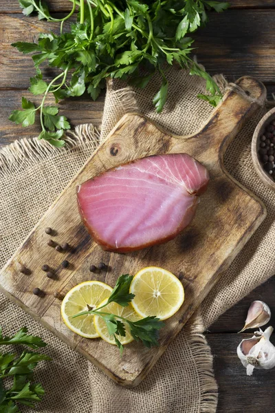 Smoked Tuna Wooden Board Brown Wooden Table Top View Space — Stockfoto