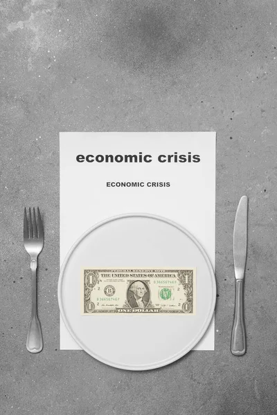Gazdasági Válság Egy Papír Dollár Egy Fehér Tányéron Egy Szürke — Stock Fotó