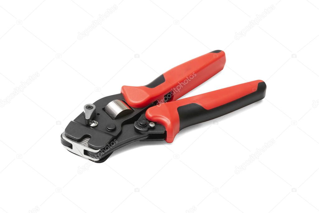 A tool for crimping stranded electrical wires. Crimping tool for electrician or Builder on a white background. Isolate
