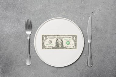 Ekonomik kriz. Gri masadaki beyaz tabağa bir dolar. Küresel ekonomik kriz kavramı. Yiyecek için para sıkıntısı. Bütçenin bölünmesi
