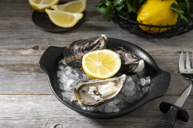 Gri ahşap bir masada buzlu, siyah bir tabakta istiridye. Sağlıklı deniz ürünleri