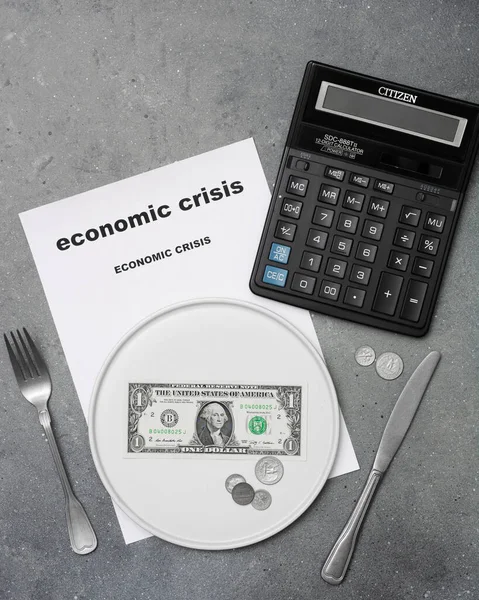 Economic Crisis One Paper Dollar Fork Knife White Plate Dividing — Stock Photo, Image