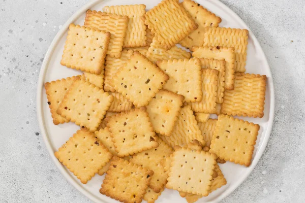 Crackers White Plate Light Gray Table Cookie Close Space Text — Stock Photo, Image