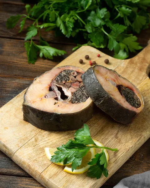 Wild Sturgeon Steak Wooden Board Brown Wooden Table Healthy Seafood — Stock Photo, Image