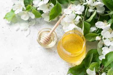 Çiçekli dalların arka planında cam bir kavanozda çiçek balı. Açık gri bir masada cam bir kavanozda sıvı bal. Bir kavanoz bal yakın plan. Metin için boşluk olan üst görünüm