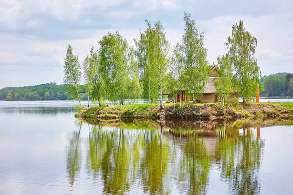 Øya med et hus. – stockfoto