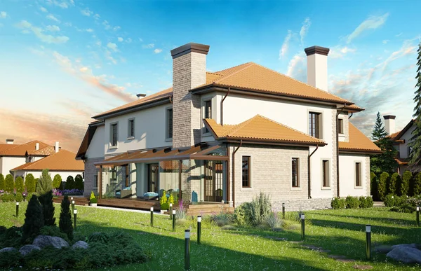 Lyxigt enfamiljshus med landskapsarkitektur — Stockfoto