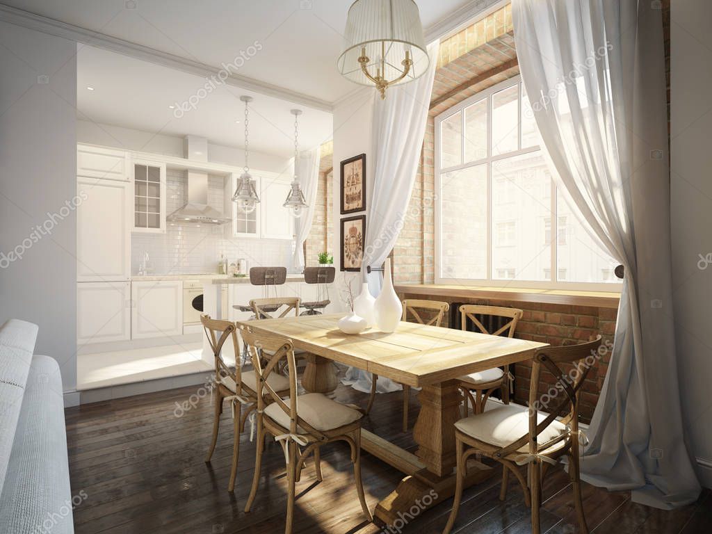 Moderne klassische traditionelle Esszimmer und weiße Küche — Stockfoto