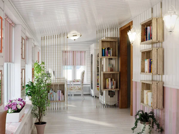 Klasik geleneksel Provence beyaz ve pembe renkleri Veranda ev 