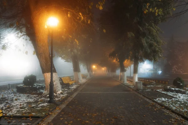 Viale vuoto in strada nebbiosa di notte città — Foto Stock